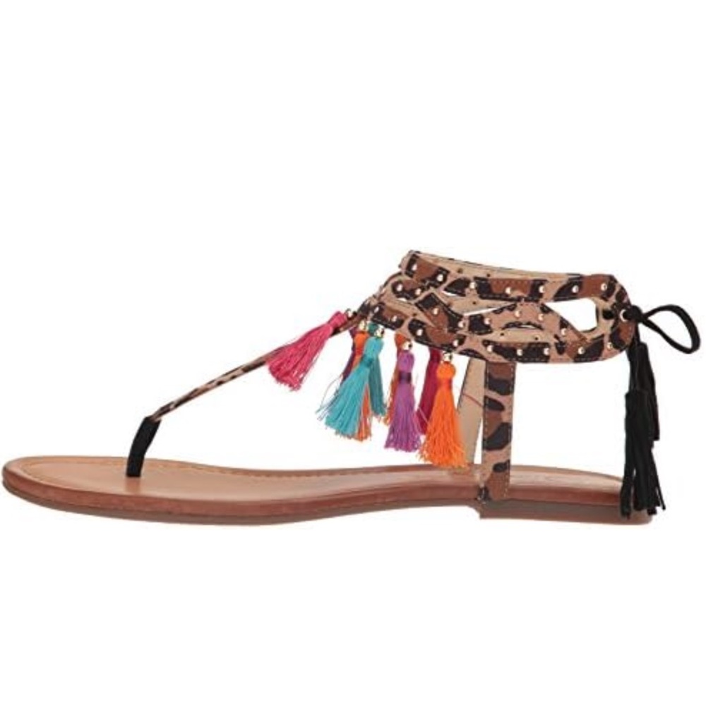 JESSICA SIMPSON Colorful Tassel & Leopard Print T-Bar Boho Sandals Shoes Sz 7.5